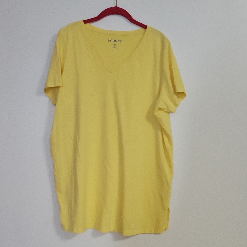 Roman's Yellow V-Neck 100% Cotton T-Shirt Side Slits Size 18/20
